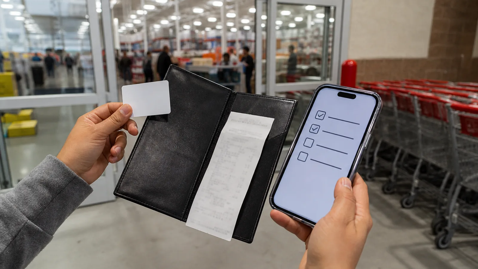 Persona revisando tarjeta, ticket y checklist antes de una compra sin membresia