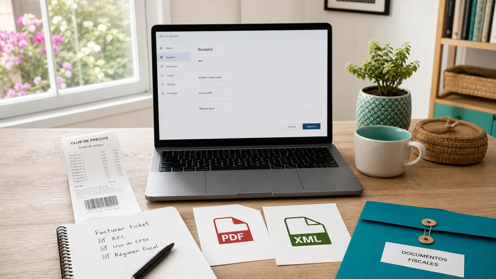 Mesa con ticket, laptop y documentos PDF XML para preparar una factura Sams